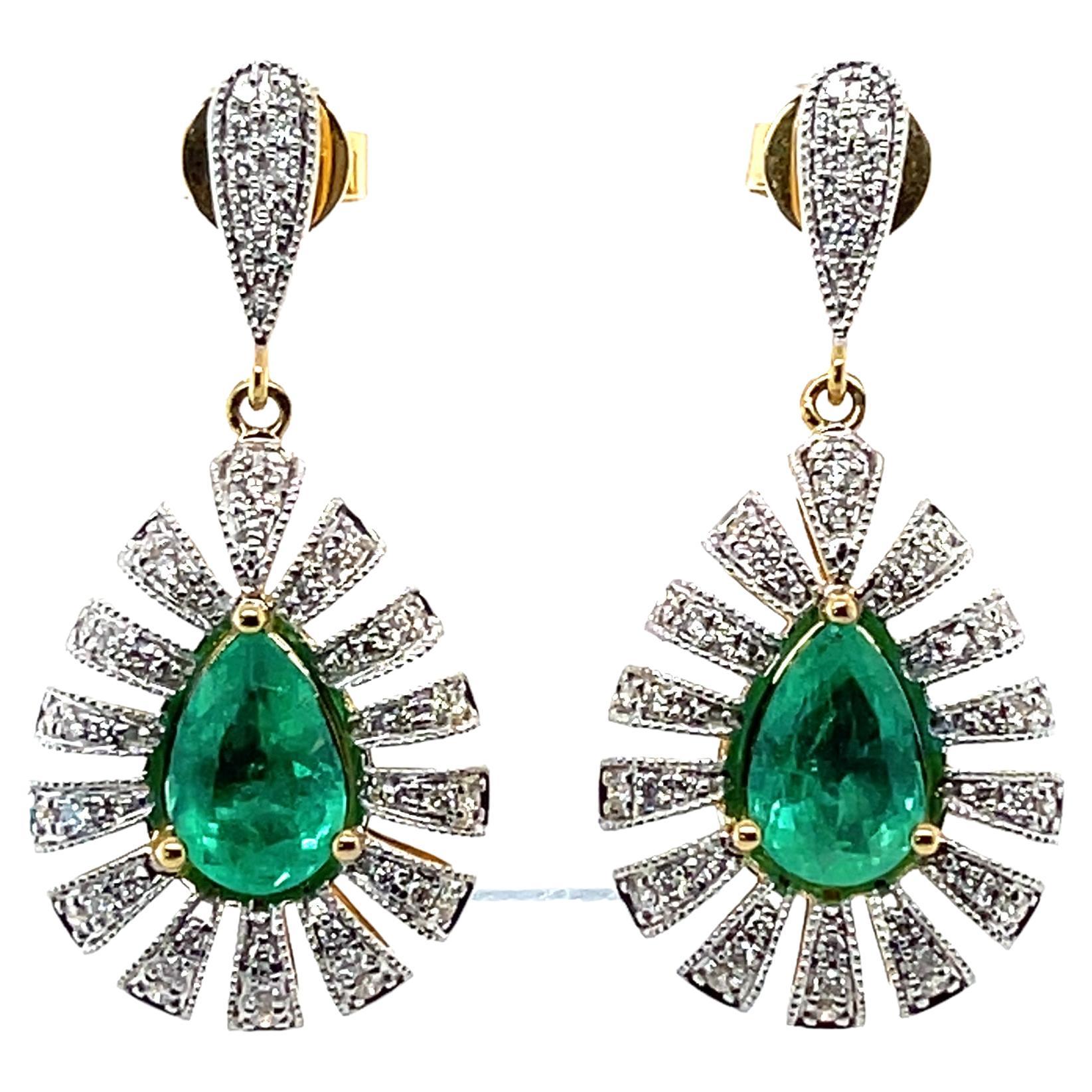 18ct Yellow Gold Emerald and Diamond Drop Stud Earrings For Sale