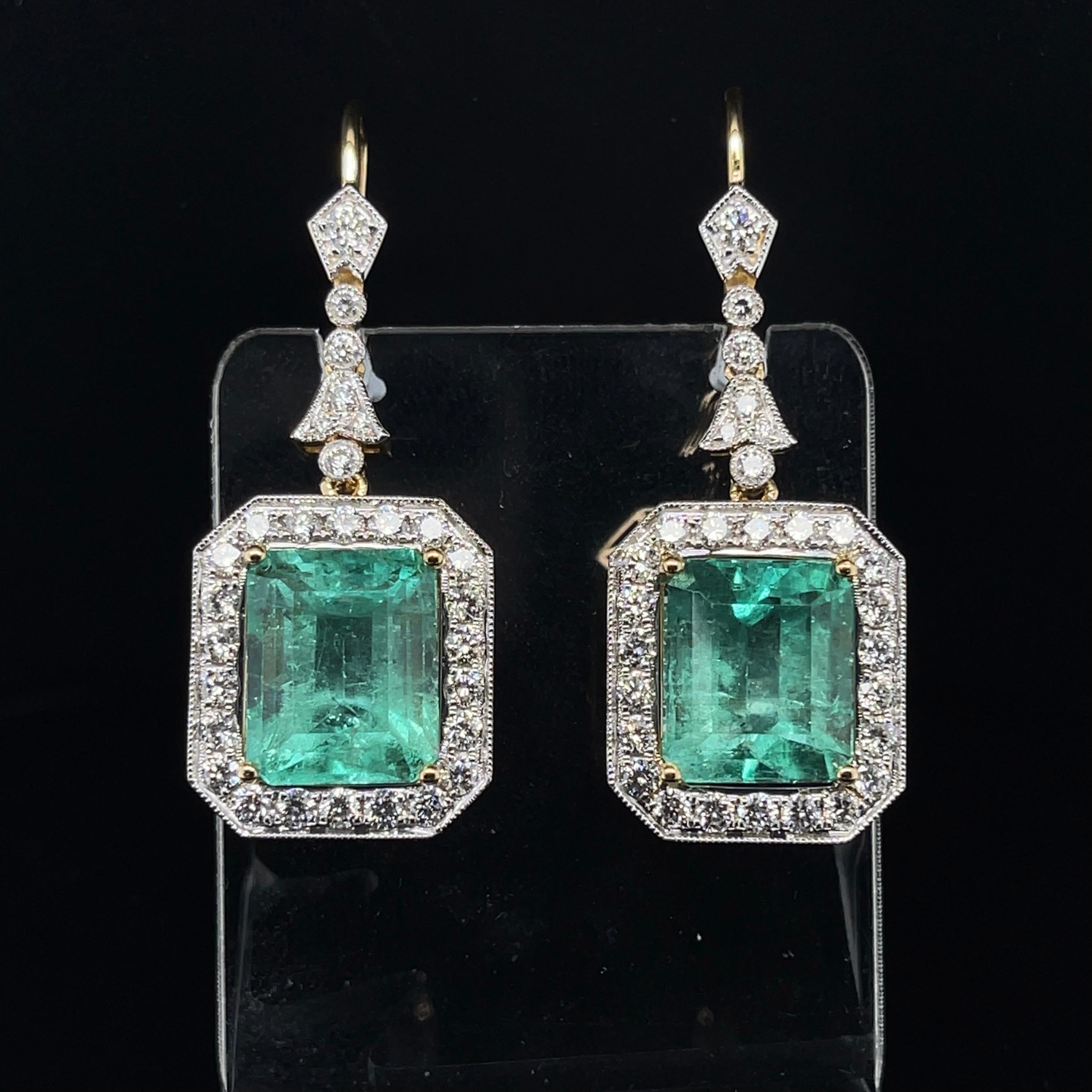 Contemporary 18CT Yellow Gold Emerald and Diamond Earrings For Sale