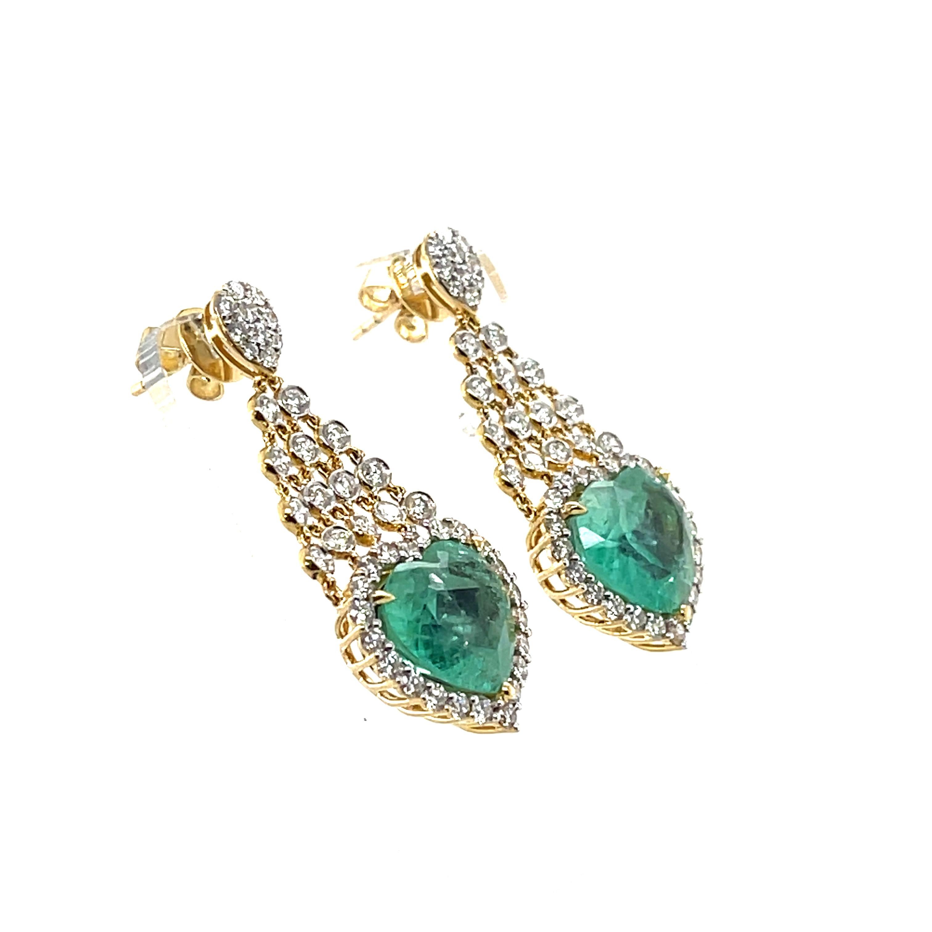 Contemporary 18Ct Yellow Gold Emerald and Diamond Earrings For Sale