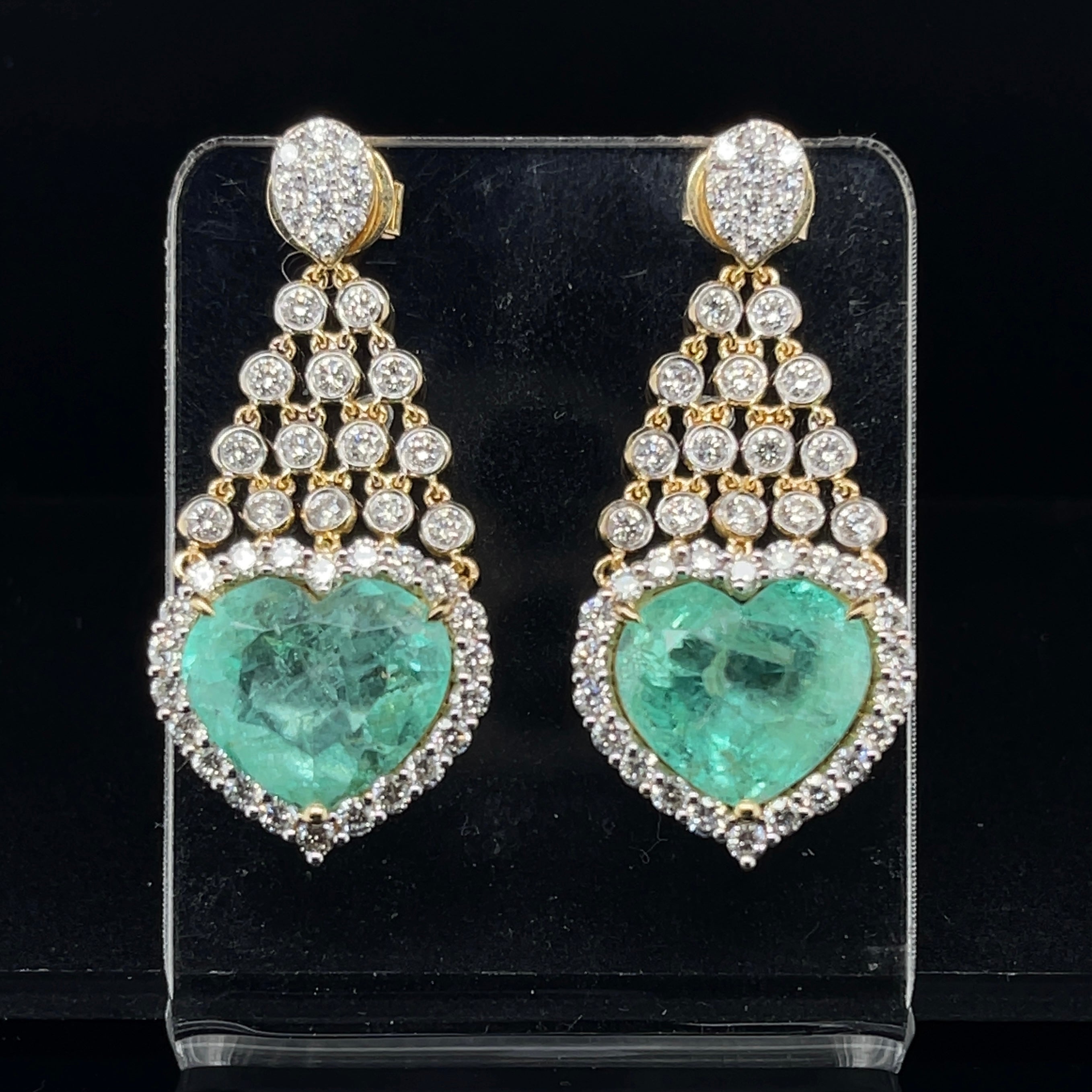 Heart Cut 18Ct Yellow Gold Emerald and Diamond Earrings For Sale