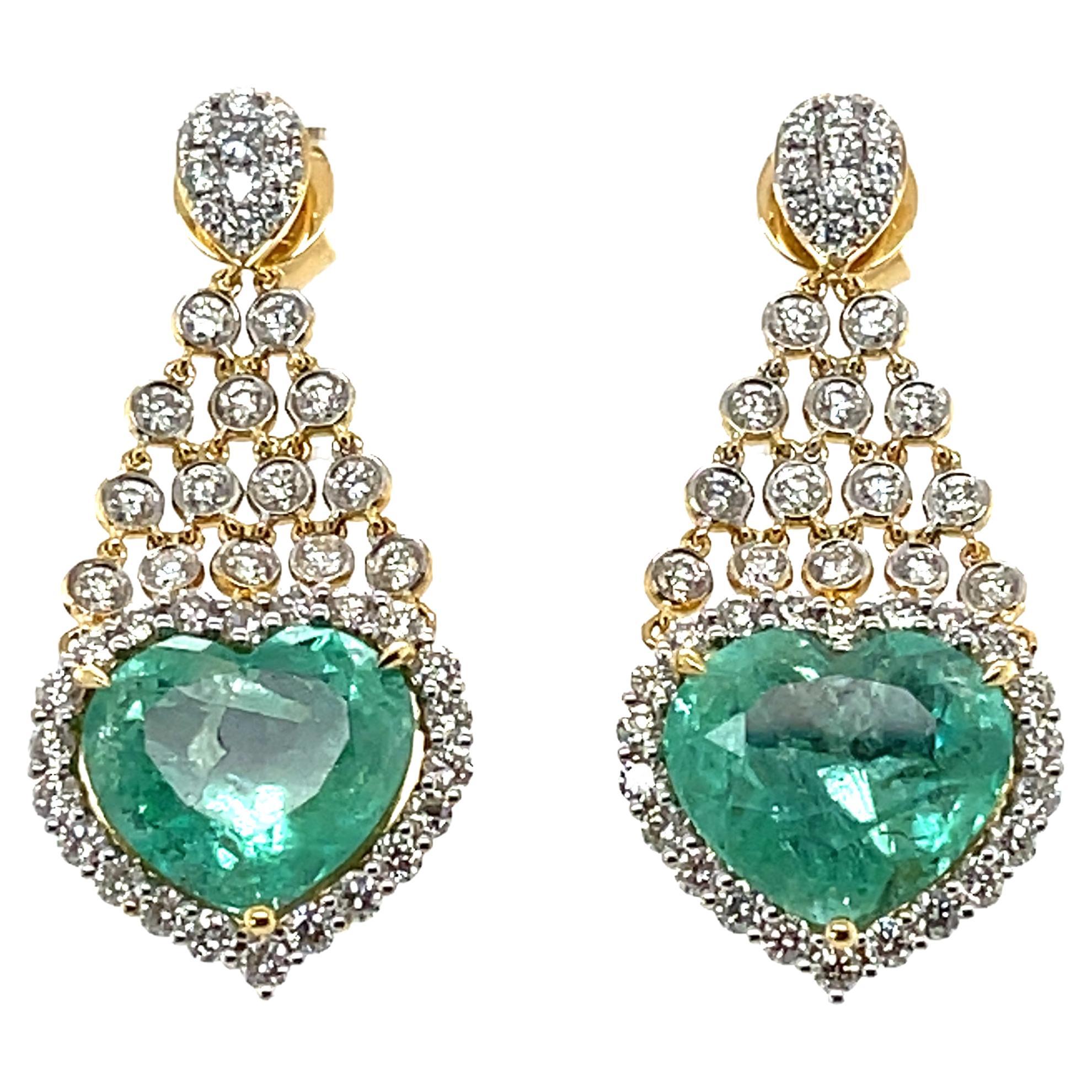 18Ct Yellow Gold Emerald and Diamond Earrings For Sale