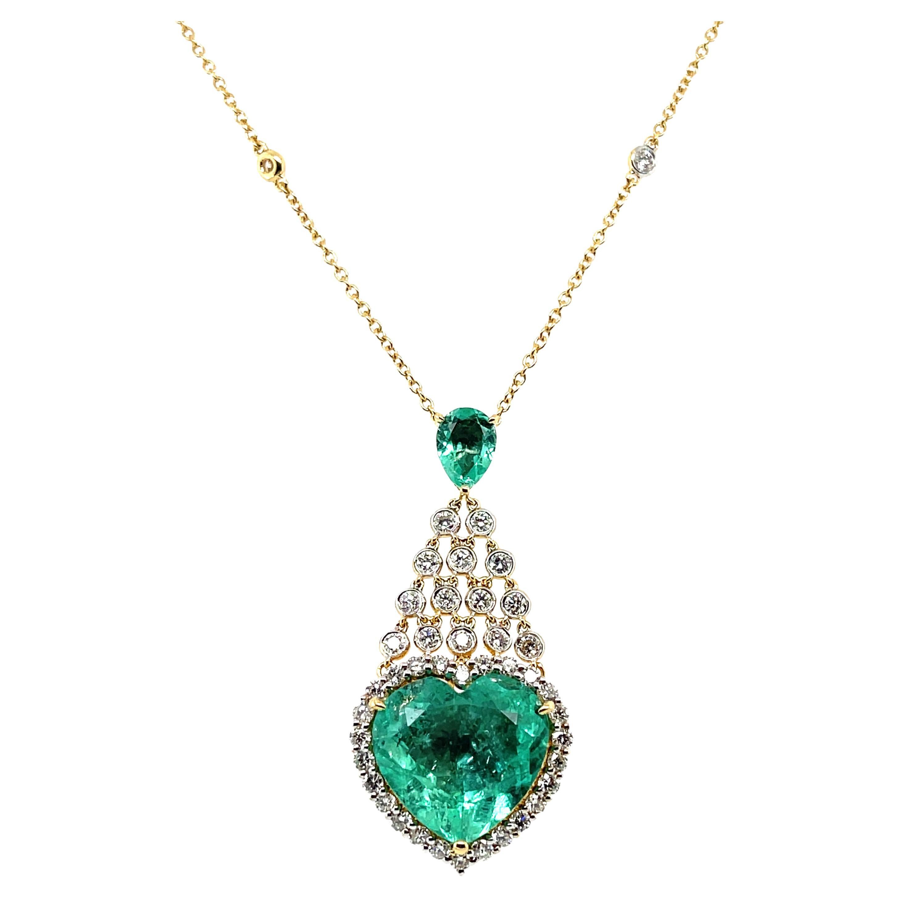 18ct Yellow Gold Emerald and Diamond Pendant and Necklace For Sale