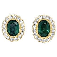18ct Yellow Gold Emerald and Diamond Stud Earrings