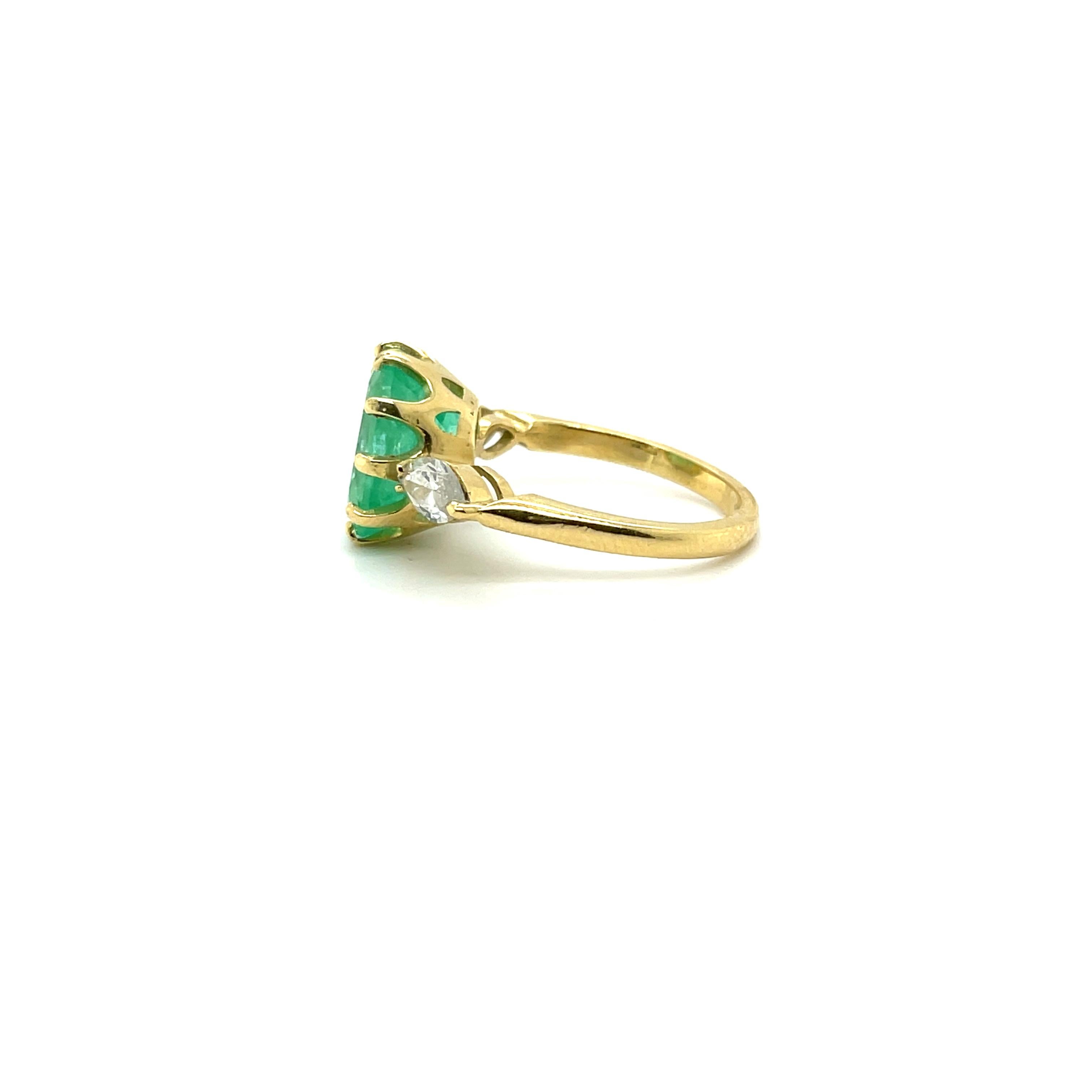 Gorgeous Emerald and Diamond trilogy ring , stunningly crafted in eighteen karat yellow gold , complimented by a beautiful polished finish design. 


One ladies - 18ct yellow gold dress ring, narrow, half round shank with underrail, multi-
claw