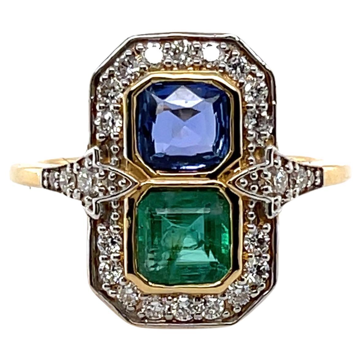 For Sale:  18ct Yellow Gold Emerald and Sapphire Diamond Ring