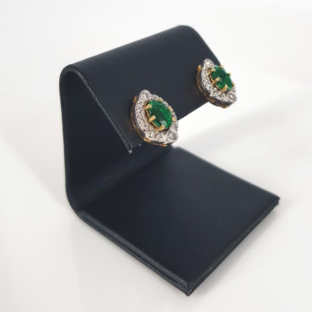 Modern 18ct Yellow Gold Emerald & Diamond Studs  For Sale