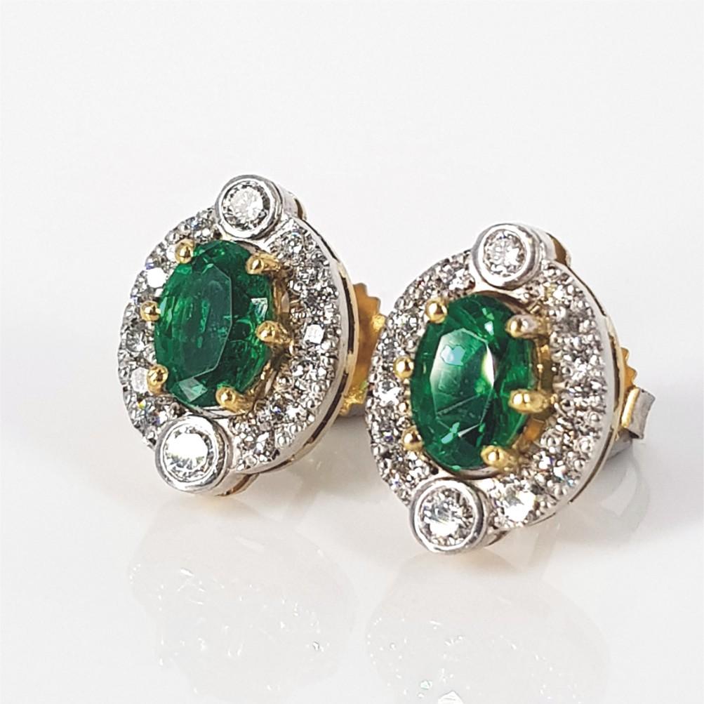 Women's 18ct Yellow Gold Emerald & Diamond Studs  For Sale