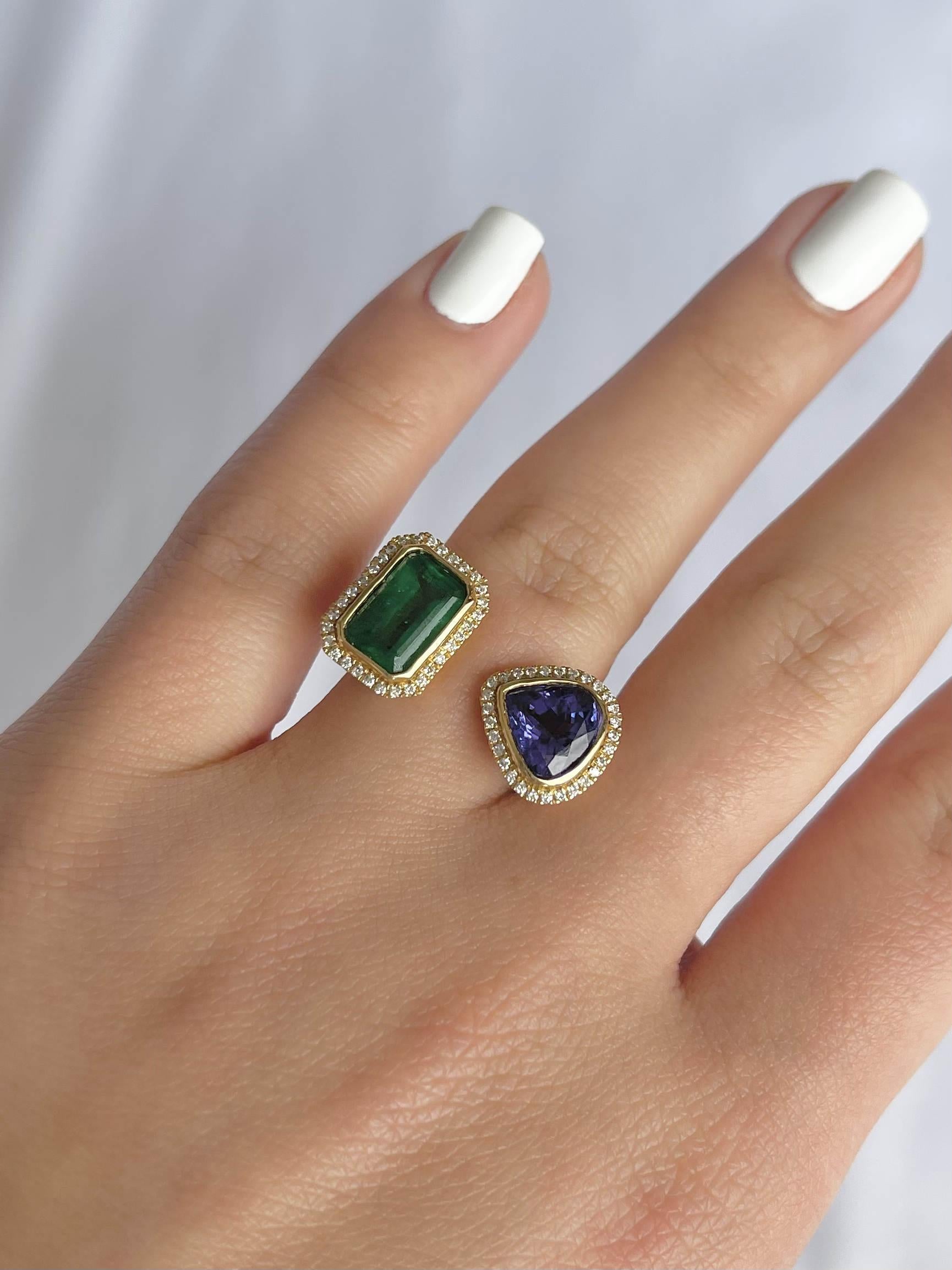 Emerald Cut 18CT Yellow Gold Emerald, Tanzanite and Diamond Open Face Ring For Sale