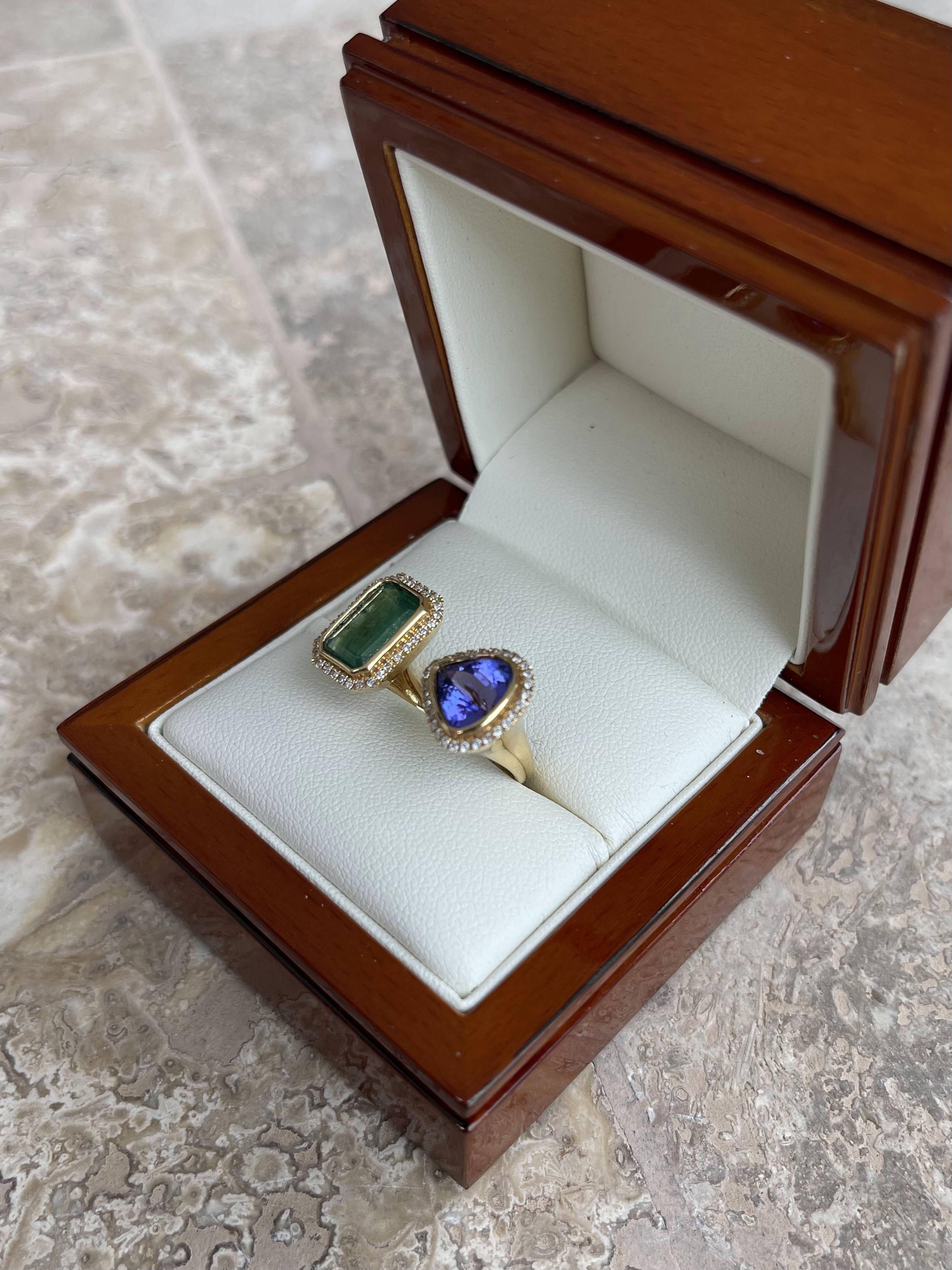 Women's 18CT Yellow Gold Emerald, Tanzanite and Diamond Open Face Ring For Sale