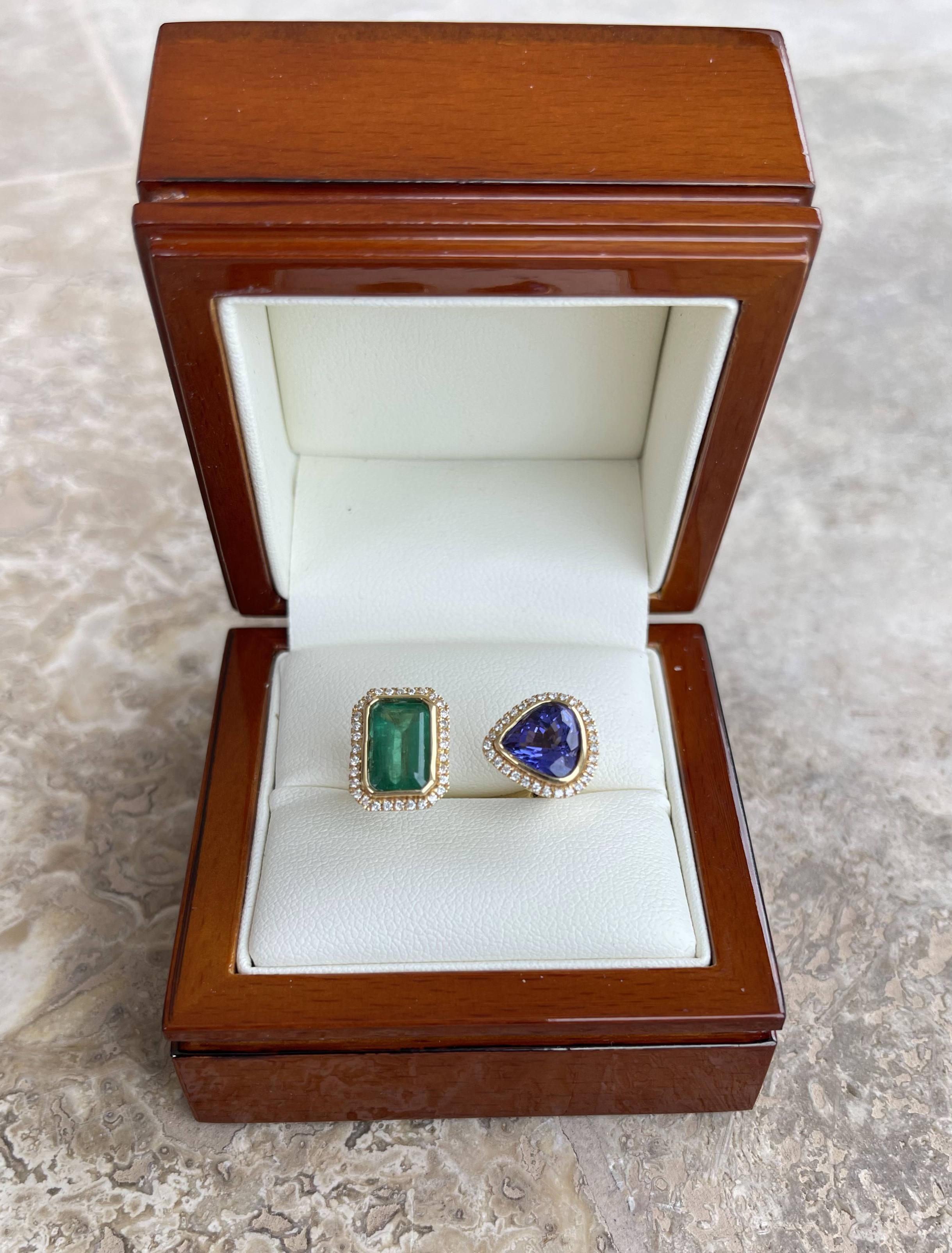 18CT Yellow Gold Emerald, Tanzanite and Diamond Open Face Ring For Sale 1