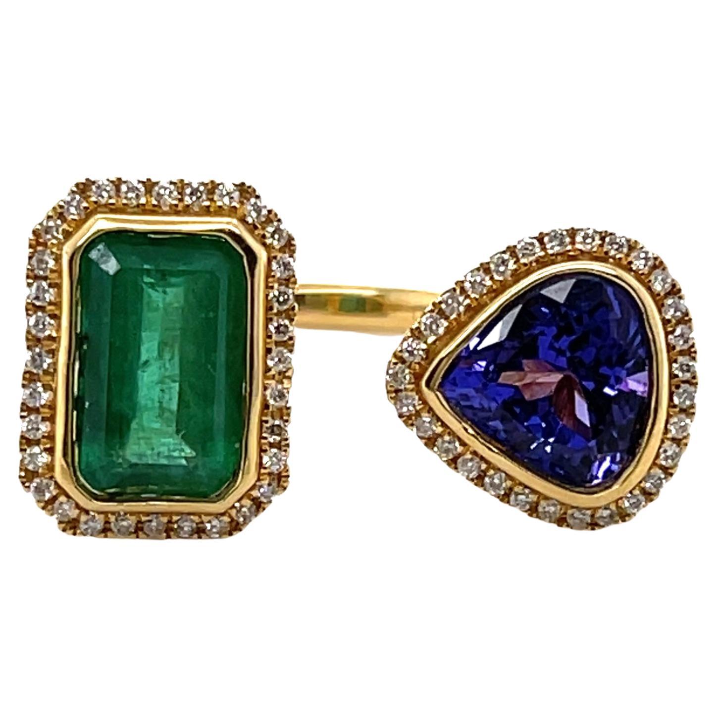 18CT Yellow Gold Emerald, Tanzanite and Diamond Open Face Ring For Sale