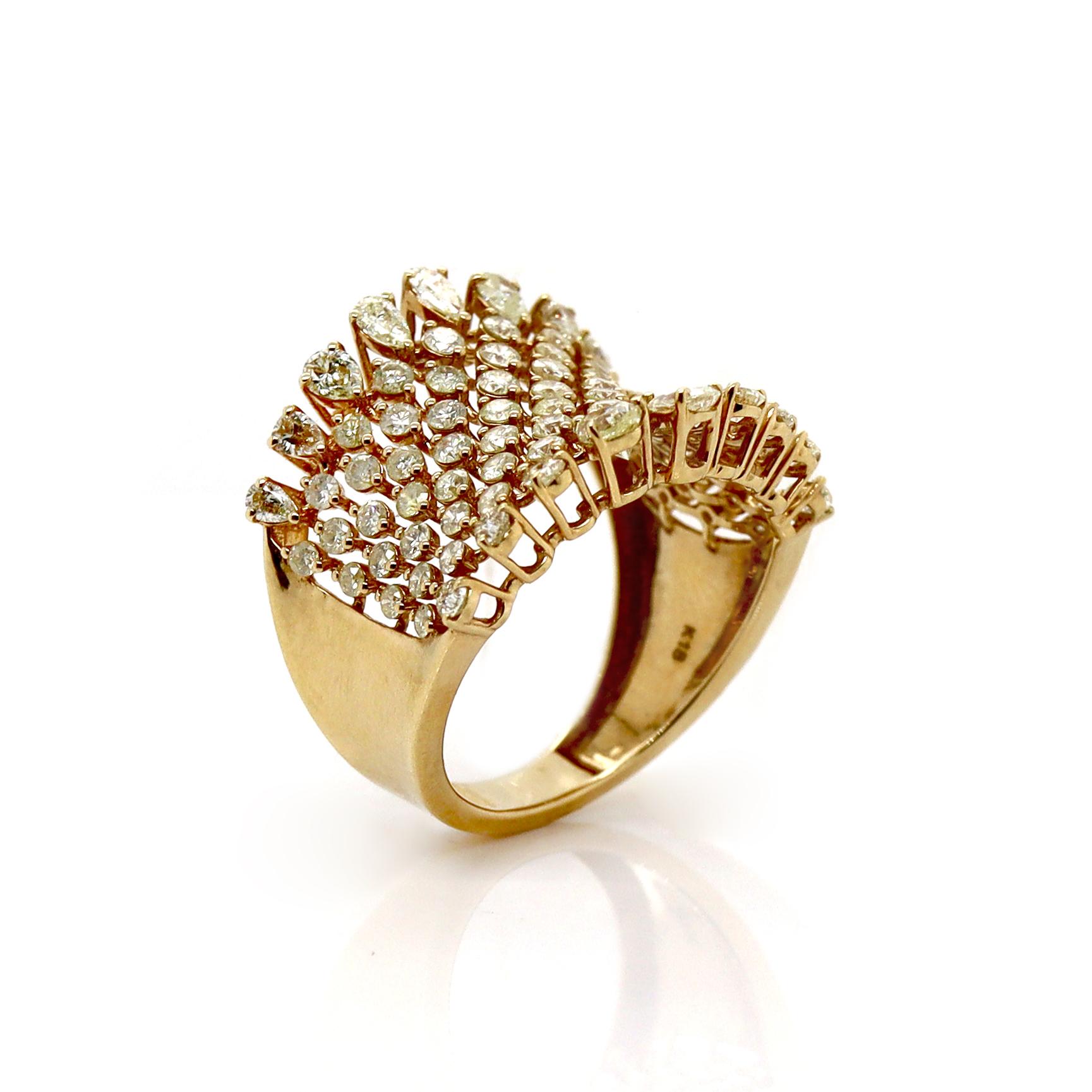 18CT Yellow Gold Fancy Yellow Diamond Ring

This elegant concave dome ring is crafted in 18ct yellow gold, with a sleek, fluid shape that curves inward to create a modern, sculptural silhouette. The dome is adorned with an assortment of dazzling