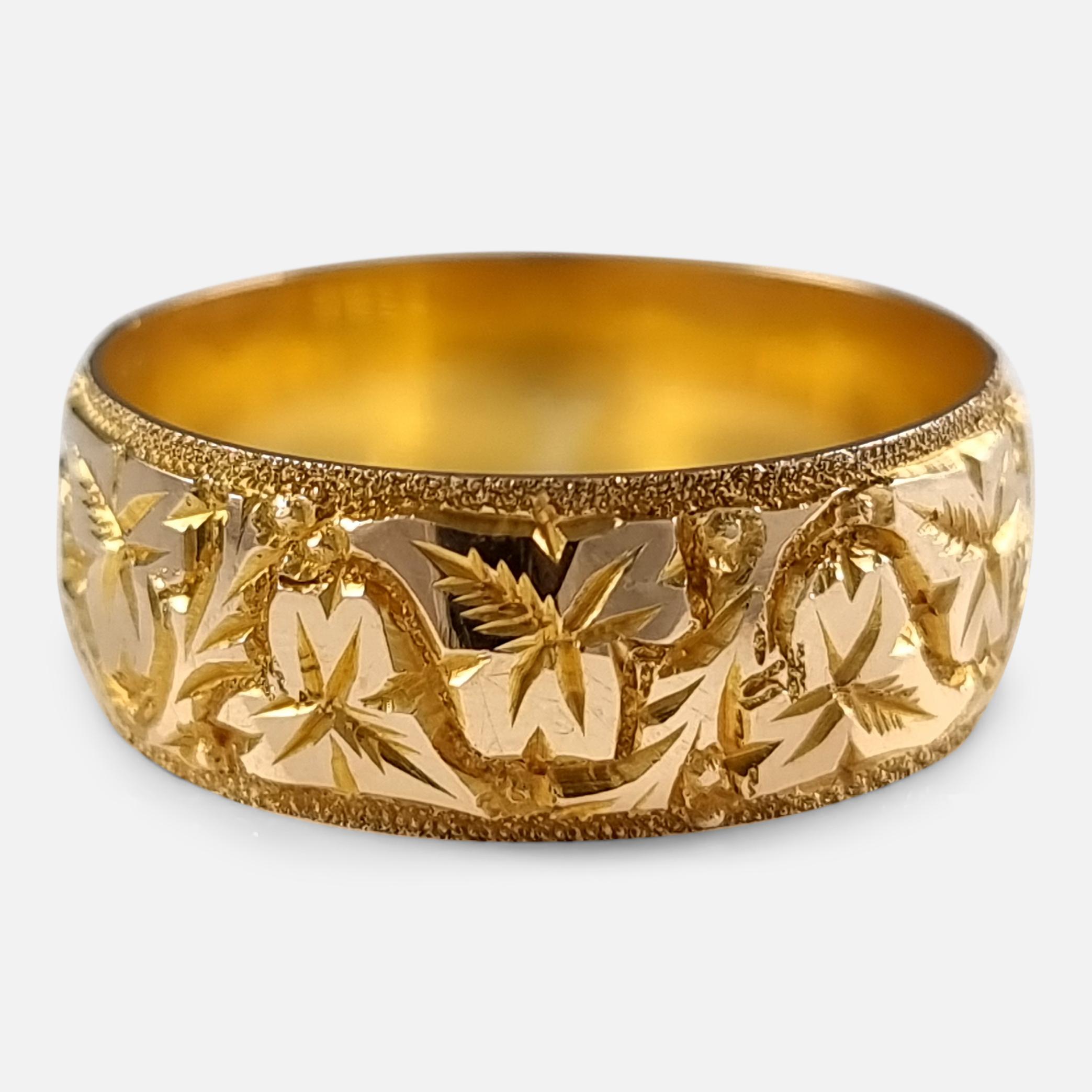 George V 18ct Yellow Gold Foliate Engraved Keeper Ring, 1920