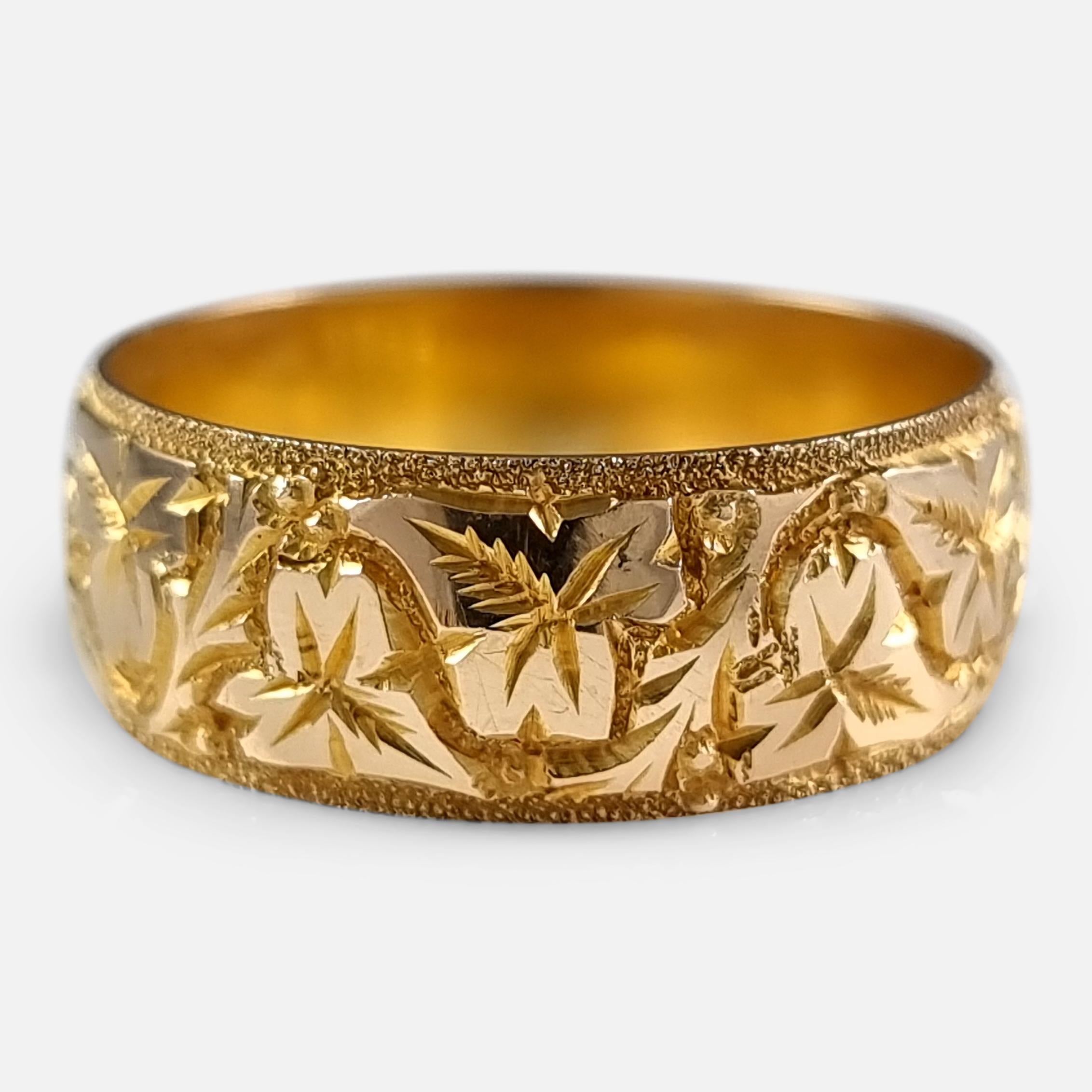 Women's or Men's 18ct Yellow Gold Foliate Engraved Keeper Ring, 1920