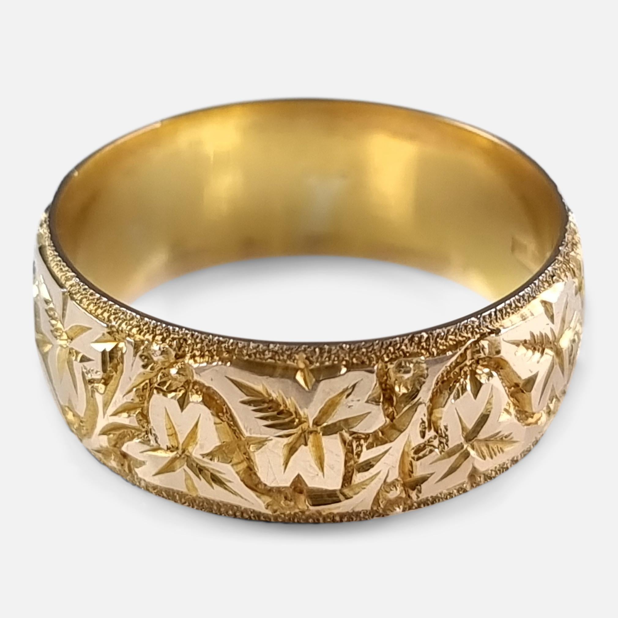 18ct Yellow Gold Foliate Engraved Keeper Ring, 1920 1