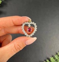 18ct Yellow Gold, French 1990s Teardrop Ruby & Diamond Encrusted Heart Pendant