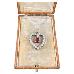 18ct Yellow Gold, French 1990s Teardrop Ruby & Diamond Encrusted Heart Pendant