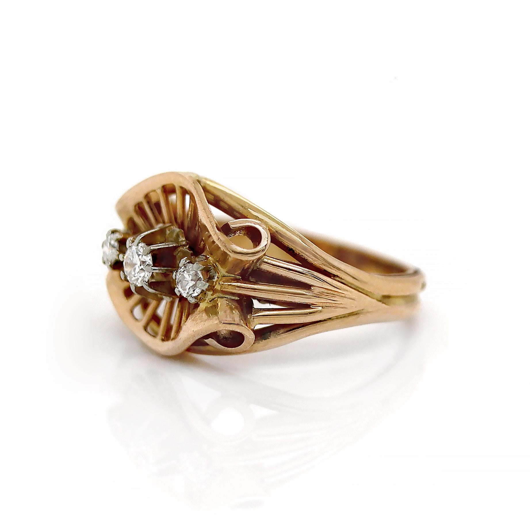 Old European Cut 18ct Yellow Gold French Diamond Retro Ring For Sale