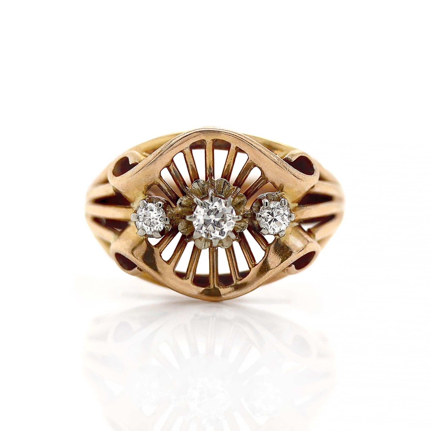 18ct Yellow Gold French Diamond Retro Ring For Sale 4