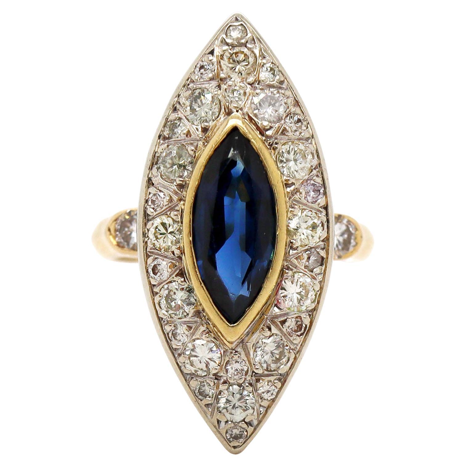 18CT Yellow Gold French Sapphire And Diamond Art Deco Ring