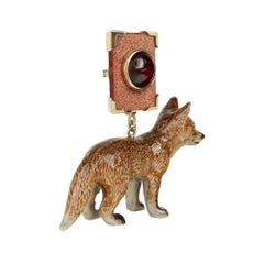 18 Carat Yellow Gold, Garnet, Goldstone and Painted Porcelain Fox Earrings