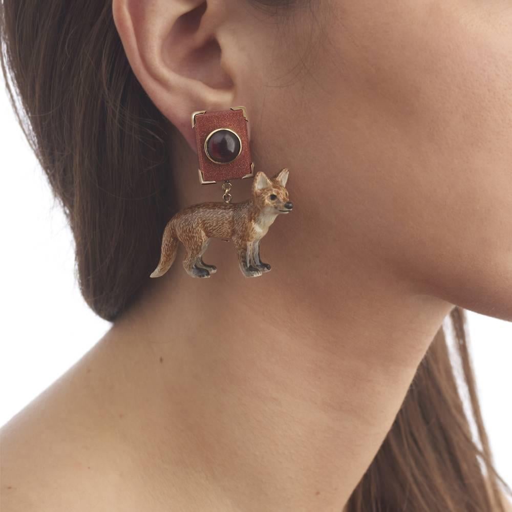 Contemporary 18 Carat Yellow Gold, Garnet, Goldstone and Painted Porcelain Fox Earrings For Sale