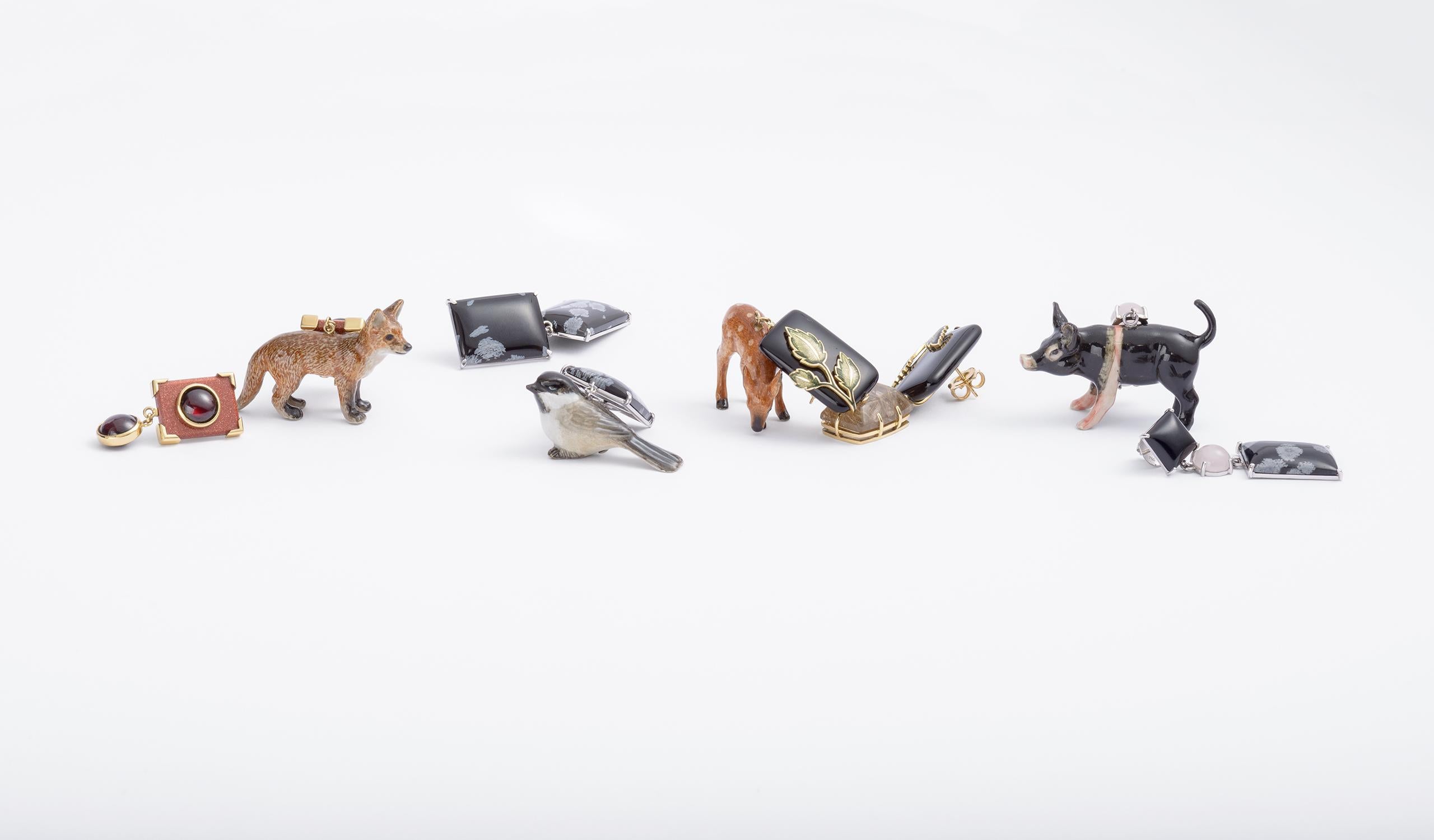 18 Carat Yellow Gold, Garnet, Goldstone and Painted Porcelain Fox Earrings For Sale 5