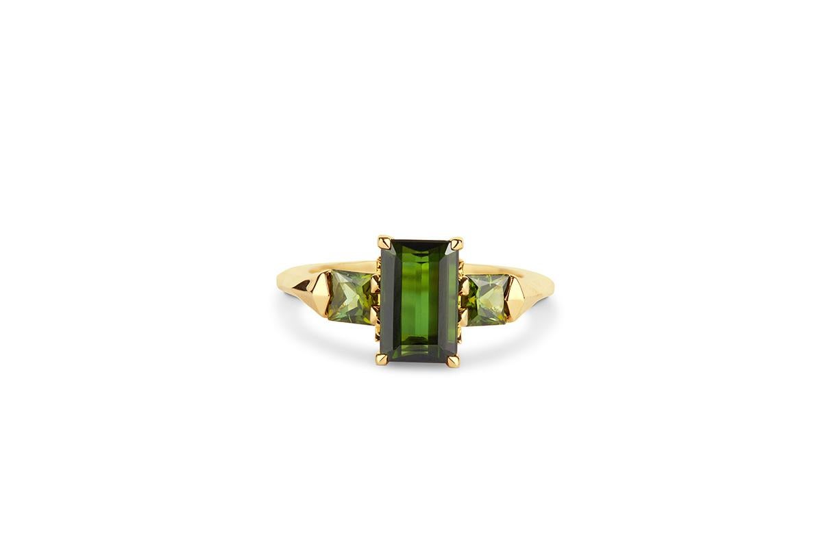 Past, Present for Future

18ct yellow gold and green tourmaline ring. Centre stone is a 9.4 x 6mm 2.11ct Afghan tourmaline with two princess tourmaline set on either side.