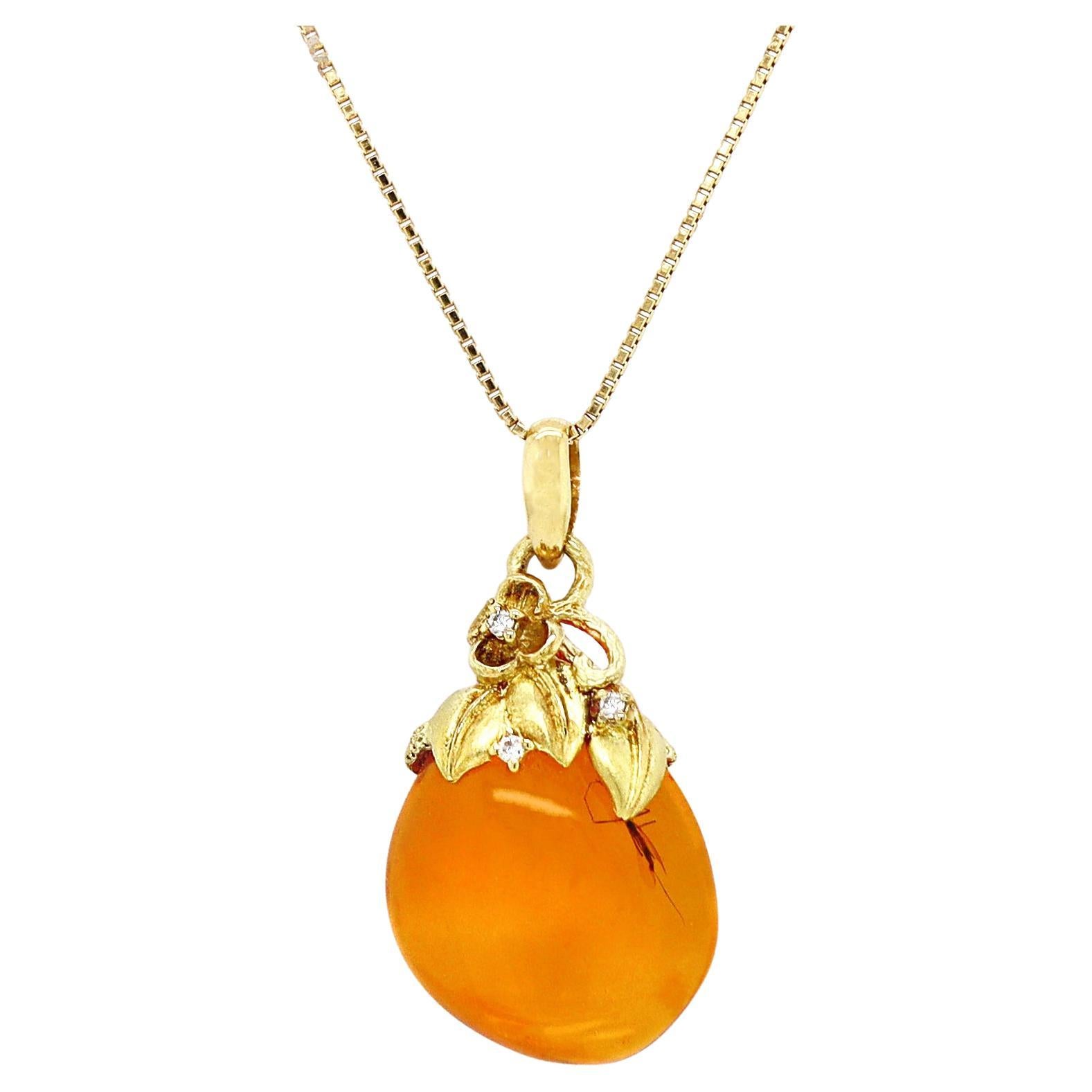 18CT Yellow Gold Insect In Amber And Diamond Pendant With Necklace