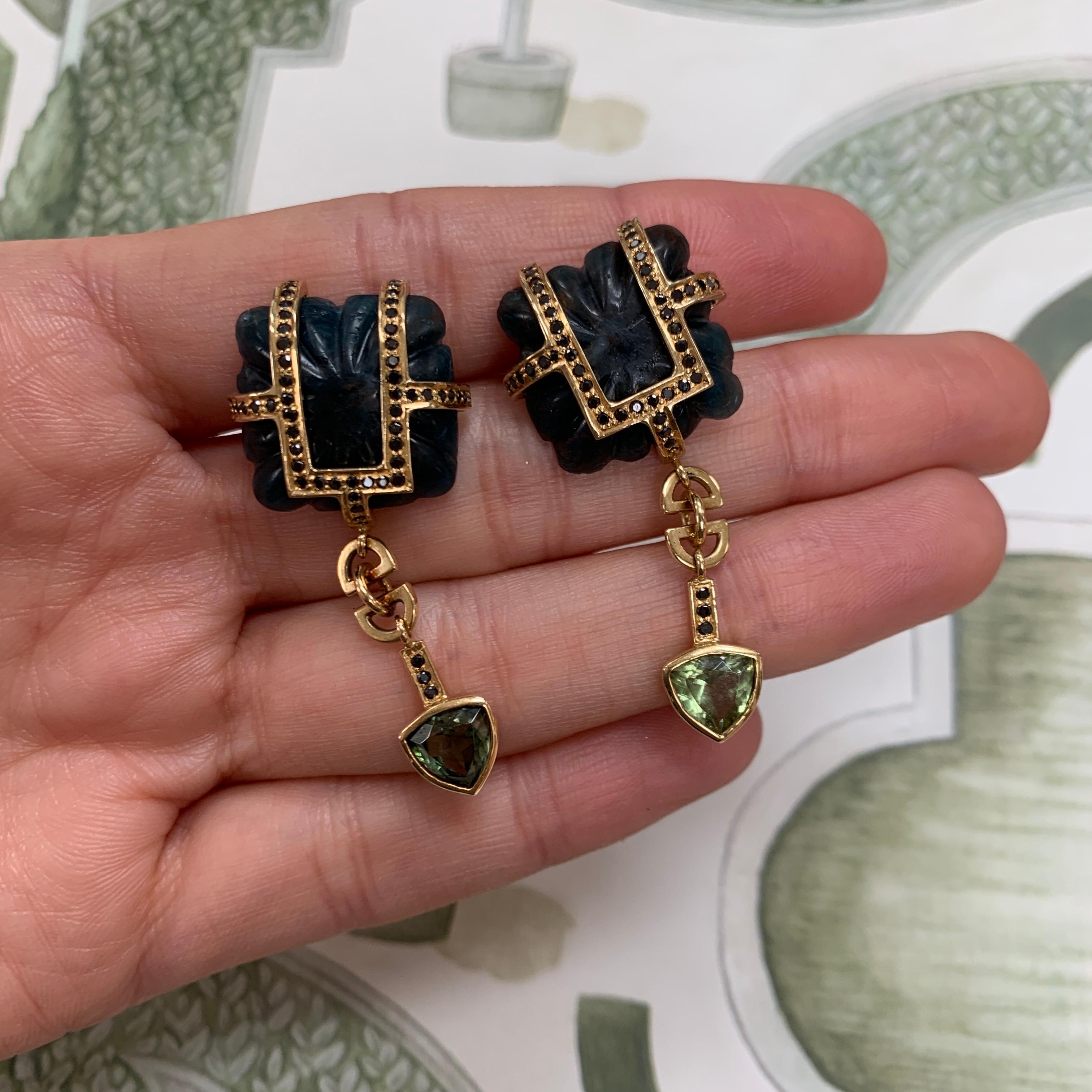 18ct Yellow Gold, Kyanite, Black Diamond and Green Tourmaline Drop Earrings For Sale 3