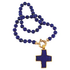 18ct Yellow Gold Lapis Cross on Lapis Beaded Necklace with 14ct Signoretti Clasp