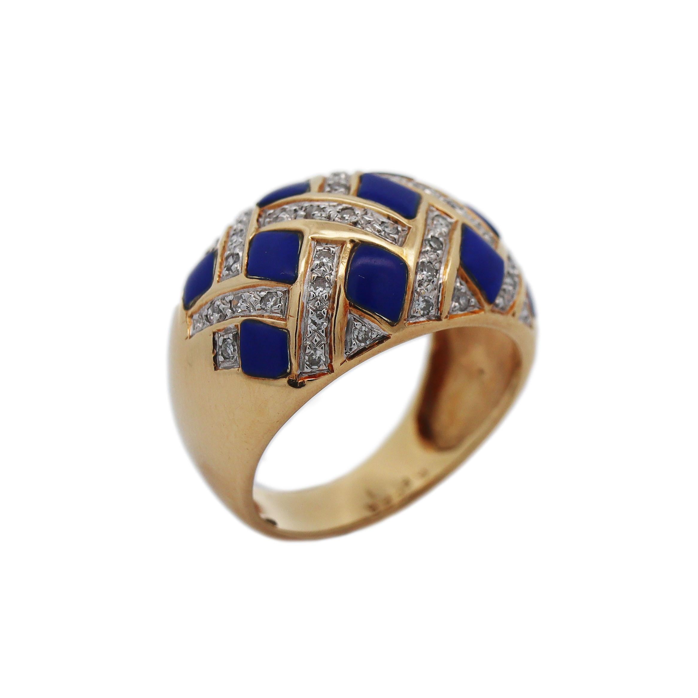 18CT Yellow Gold Lapis Lazuli And Diamond Ring

This vintage yellow gold ring with inlay lapis lazuli and a diamond trellis pattern is not only a piece of jewelry but also a work of art that reflects the craftsmanship and elegance of a bygone era.