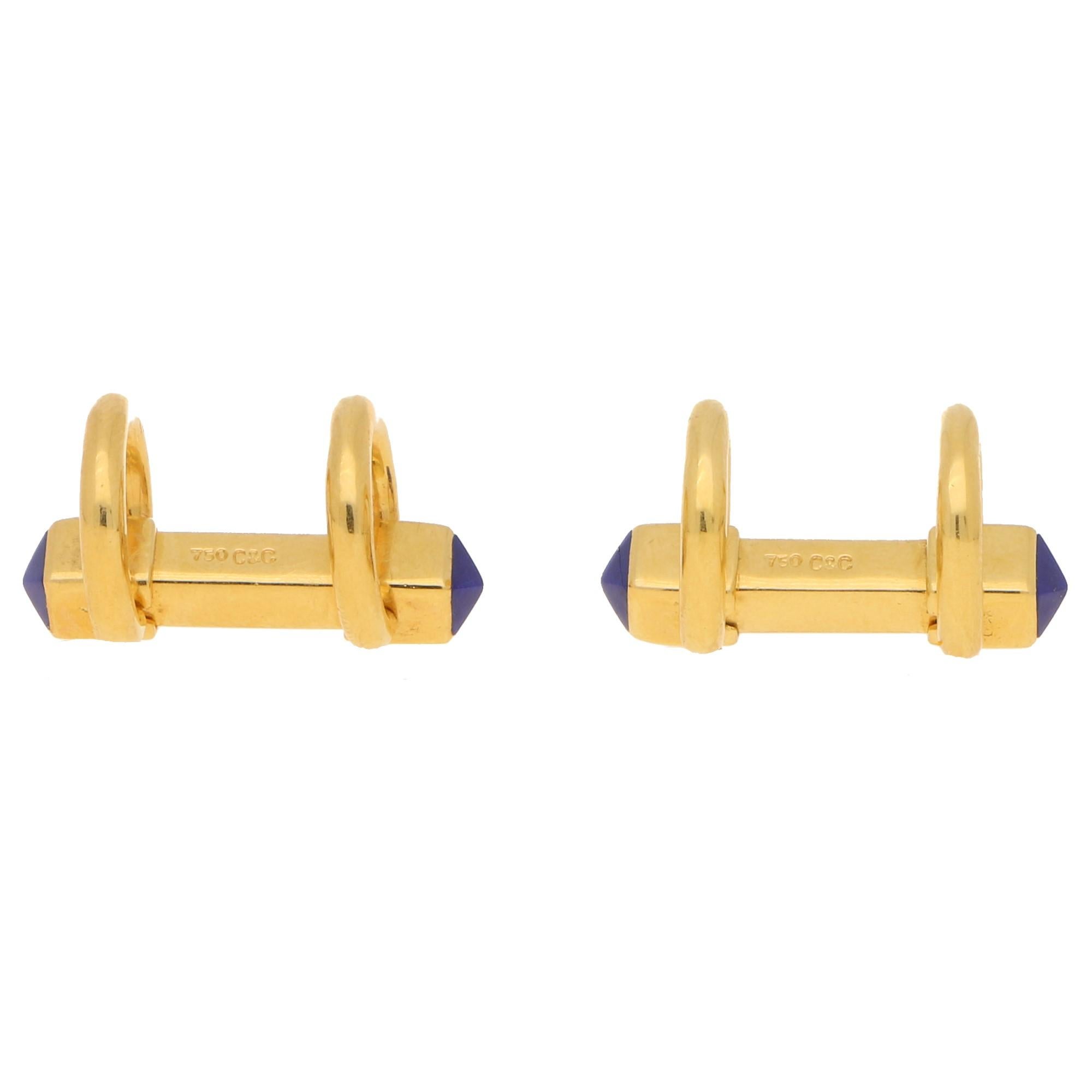 Lapis Lazuli Snaffle Cufflinks Set in 18k Yellow Gold  In Good Condition In London, GB