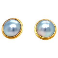 18ct Yellow Gold Mabe Tahitian Pearl Earrings 17mm 10.26g