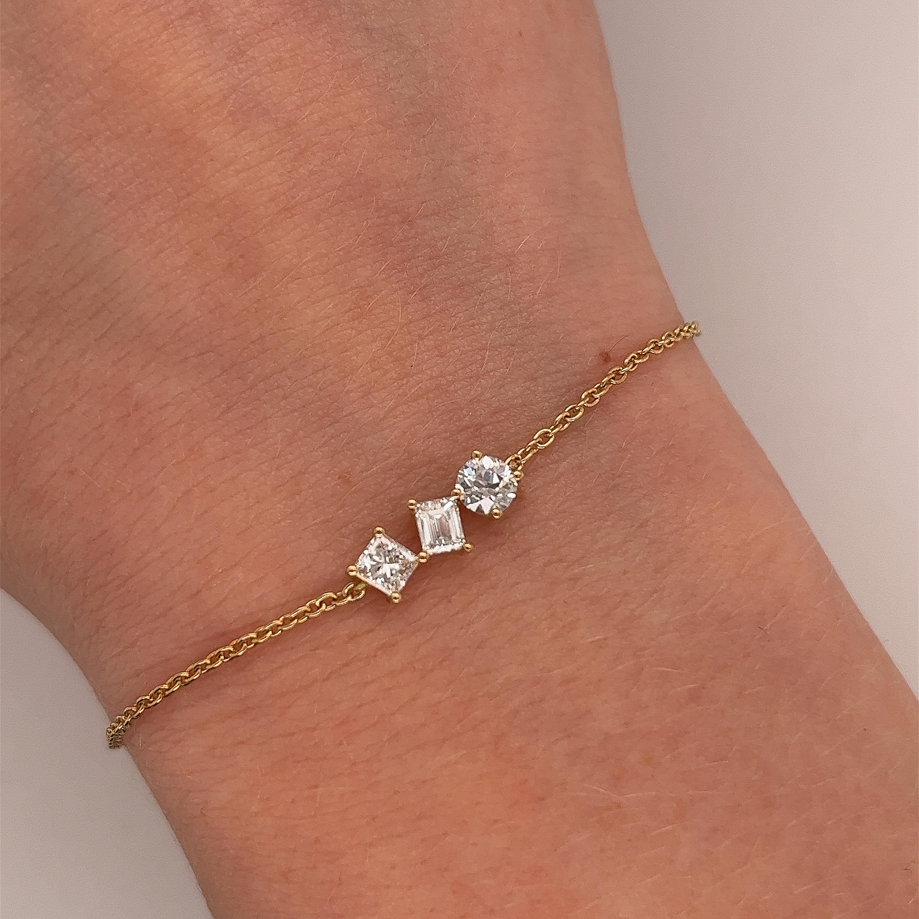 Women's 18ct Yellow Gold Mix Shape Diamonds Bracelet, 0.75ct For Sale