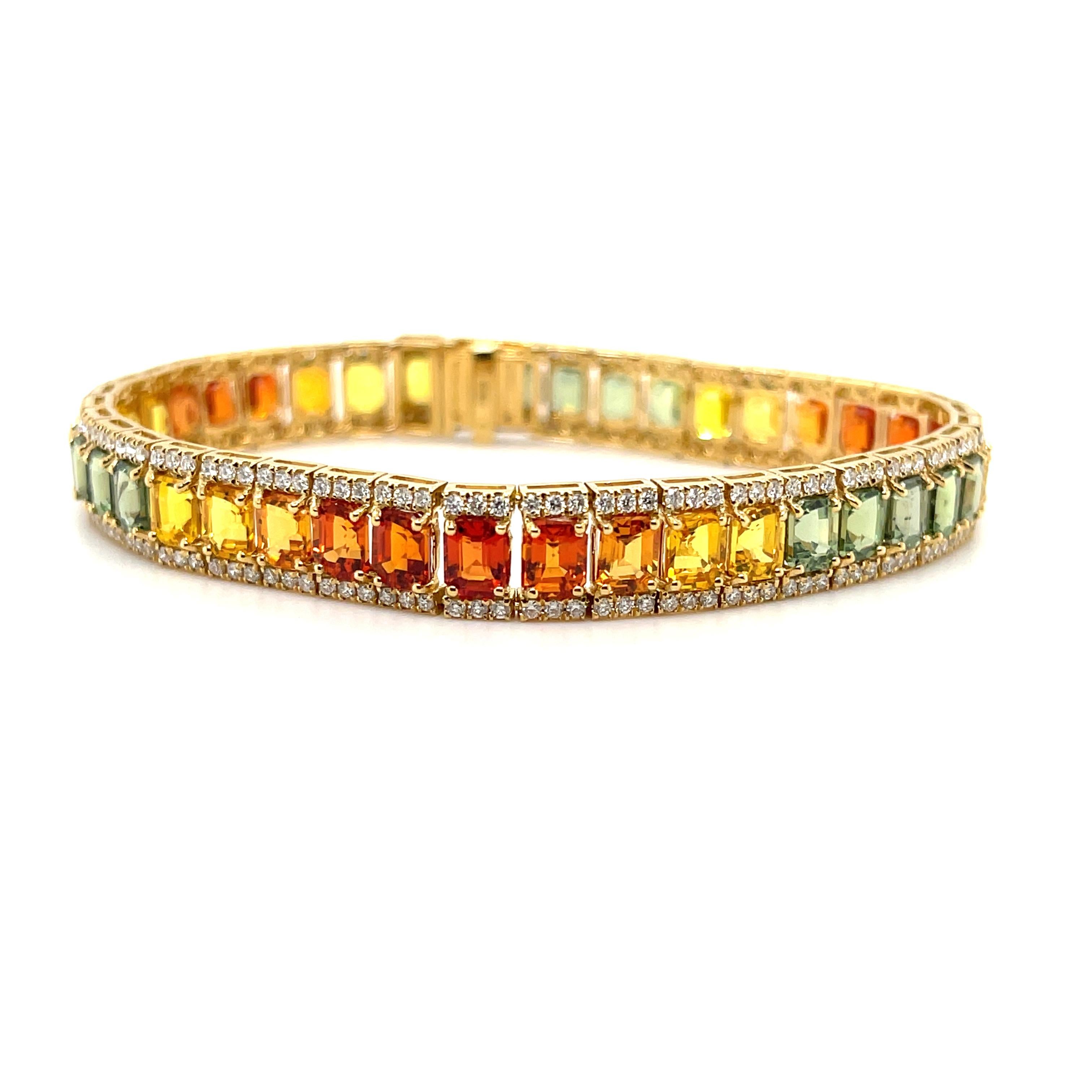 Mehrfarbige Saphire, in Handarbeit mit achtzehn Karat Gelbgold, mit einer atemberaubenden Auswahl von zweihundertsechsundvierzig krallenbesetzten natürlichen runden Diamanten im Brillantschliff, auch eine schöne Auswahl von einundvierzig