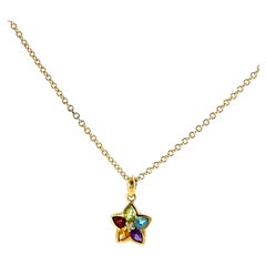 18ct Yellow Gold-Multi-Gemstone Floral Pendant On 9ct Yellow Gold Necklace