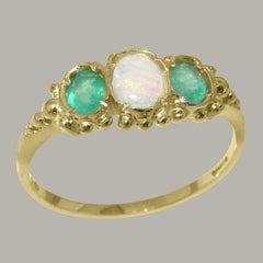 18ct Yellow Gold Natural Opal & Emerald Womens Trilogy Ring - Customizable