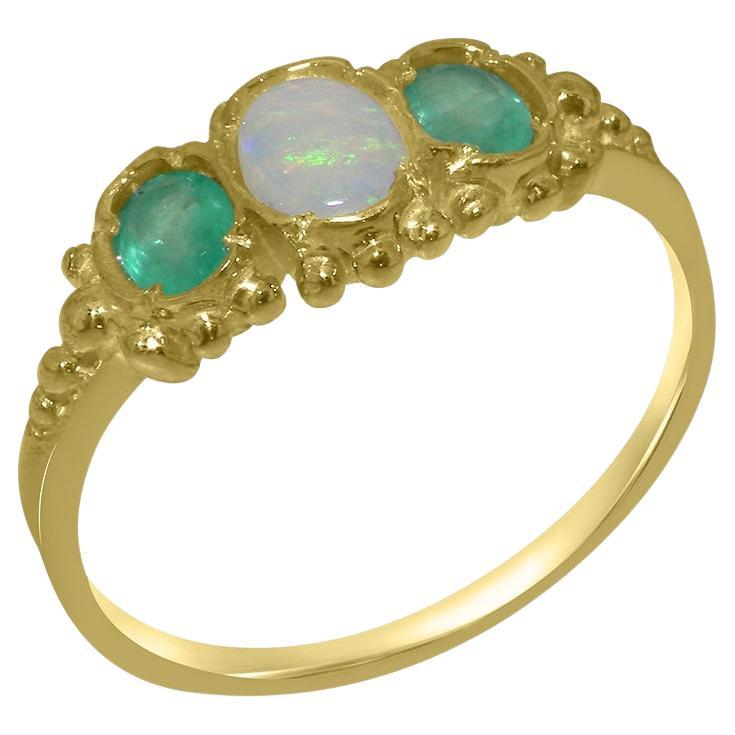 For Sale:  18ct Yellow Gold Natural Opal & Emerald Womens Trilogy Ring - Customizable