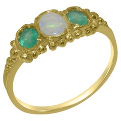 18ct Yellow Gold Natural Opal & Emerald Womens Trilogy Ring - Customizable