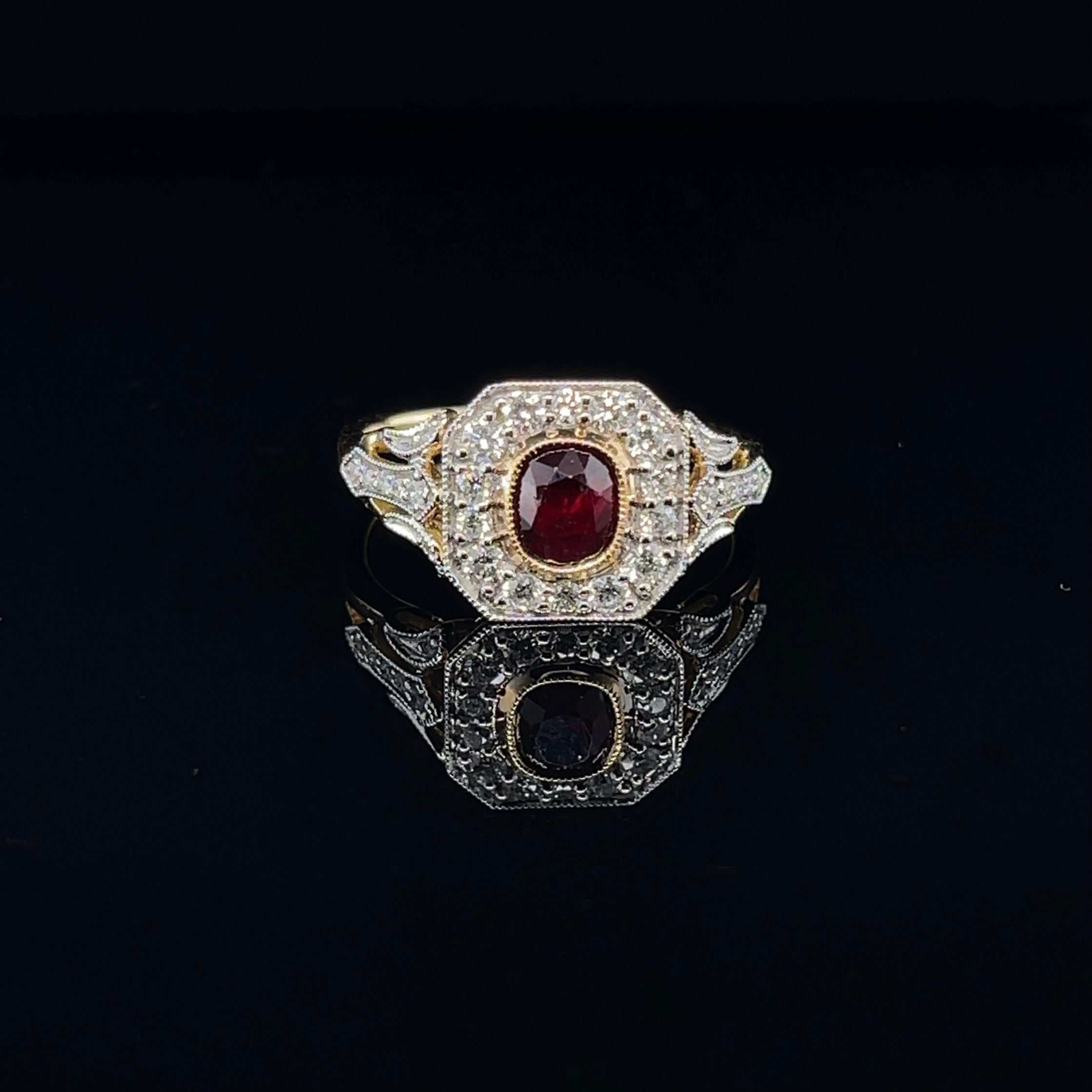 For Sale:  18ct Yellow Gold 'No Heat' Gold Ruby and Diamond Ring 6