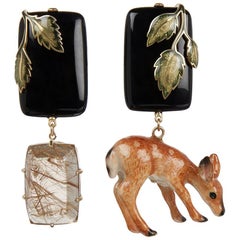 18ct Yellow Gold, Onyx, Rutilated Quartz, Enamel and Porcelain Deer Earrings