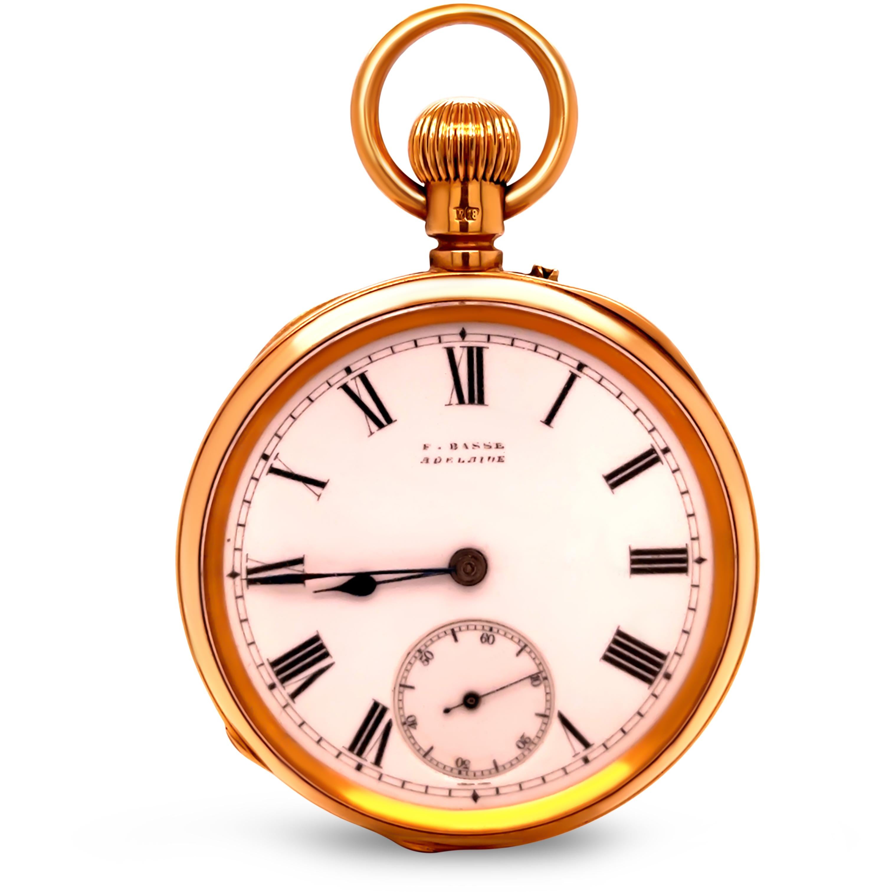 This rare 18ct yellow gold open dial pocket watch, made in London in 1881, is a remarkable antique timepiece crafted by Leon Allamand for F. Basse Adelaide. The case is stamped “18”, “F”, “LA”, with a crown and leopard’s head hallmark, denoting 18ct