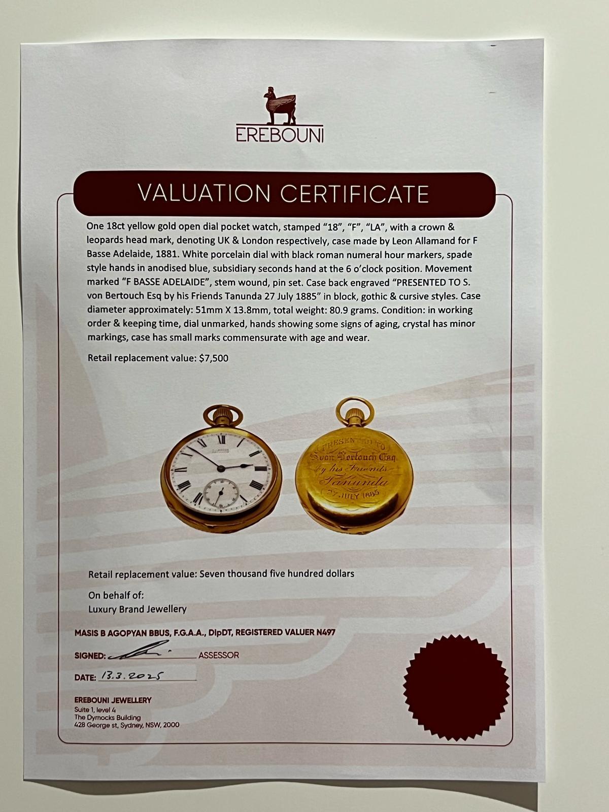 18ct Yellow Gold Open Dial Pocket Watch – 1881 – 80.9g For Sale 2