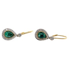 18ct Yellow Gold Pear Cut Colombian Emerald and Diamond Earrings