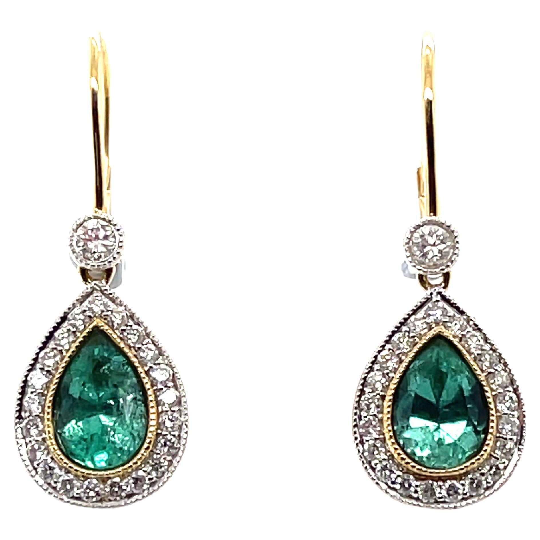 18ct Yellow Gold Pear Cut Colombian Emerald and Diamond Earrings For Sale