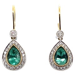 18ct Yellow Gold Pear Cut Colombian Emerald and Diamond Earrings