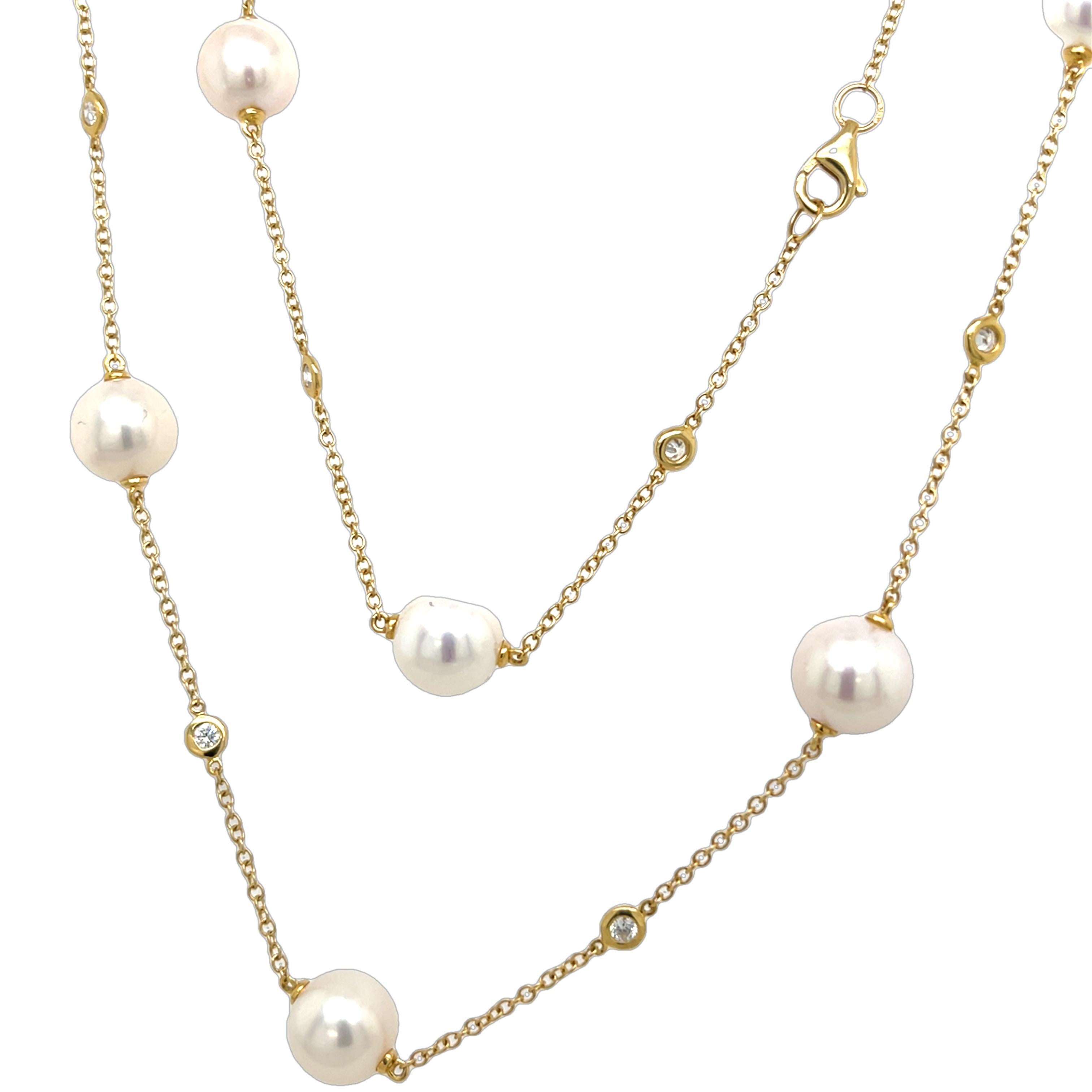An elegant 18ct yellow gold necklace, 
featuring lustrous pearls accented with sparkling natural diamonds. A timeless and sophisticated piece, 
perfect for adding a touch of luxury to any outfit.
A classic and sophisticated choice for any