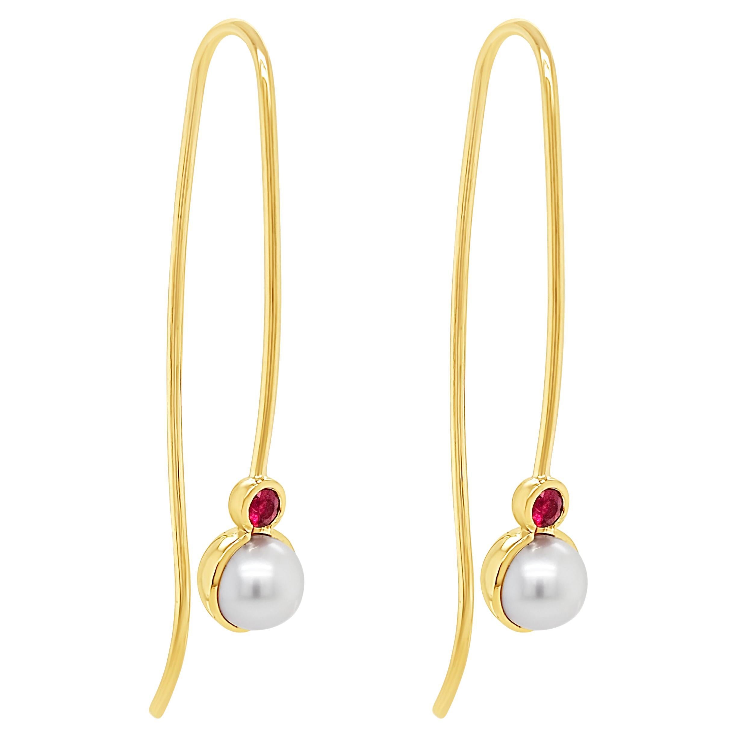 18ct Yellow Gold & Pearl Earrings Featuring Rubies "Estelle" For Sale