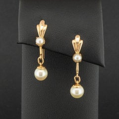 18ct Yellow Gold Pearl Screw on Drop Earrings 3.6g